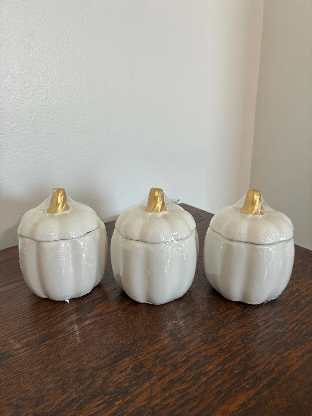 NWT- Set of 3- White Ceramic Pumpkin Jars with Lid & Gold Stems